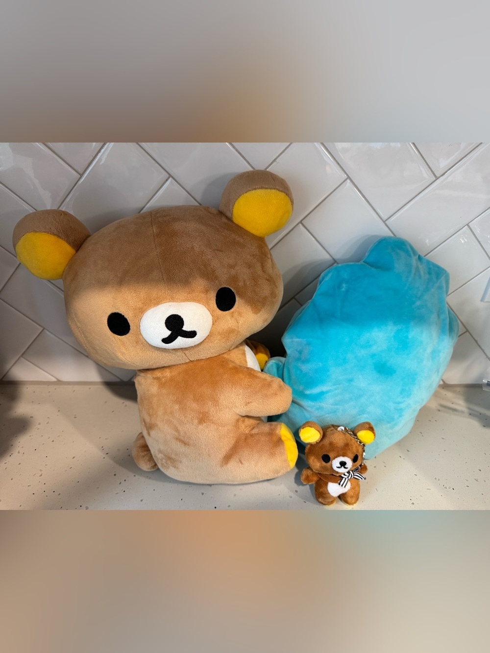 Rilakkuma Plush and Keychain Bundle - Soft Tan & Yellow Stuffed Animal